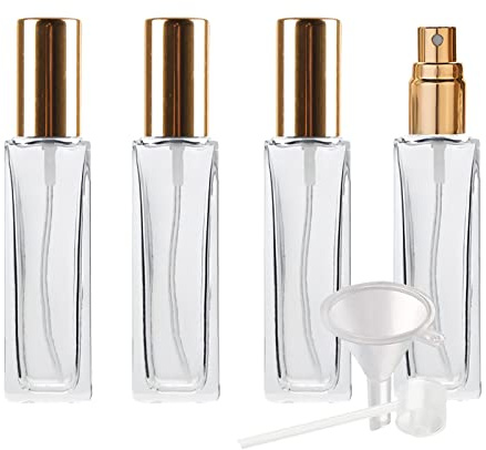 BasicPacking 4 Pezzi 20ml Vuoto Bottiglie Atomizzatore Vetro Trasparente di Profumo con Tappi Oro, Flacone Spray per Nebbia Riutilizzabile Portatile, Bottiglia di Profumo, Cosmetica, Viaggio