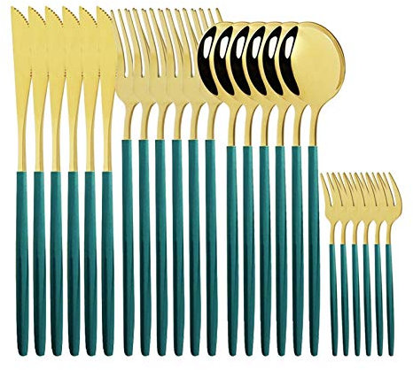 24 stücke Black Gold Geschirr Set Edelstahl Besteck Messer Gabel Löffel Besteck Set Geschirr Besteck Set essgeschirr (Color : Green Gold)