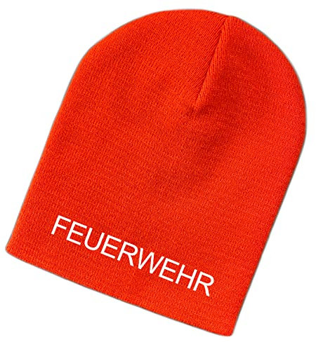 Schnoschi Orange Strickmütze (Beanie Mütze) mit Feuerwehr Bestickt für Herren, Damen, Jugendliche und Kinder