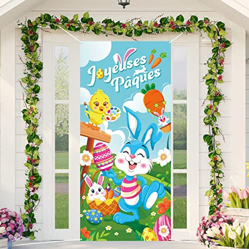 DPKOW Français Joyeuses Pâques Porte Bannière pour Pâques Décoration, Joyeuses Pâques Bannière pour France Pâques Porte Extérieure Décoration, Pâques Toile de Fond Jardin Mur Décoration, 185 * 90cm
