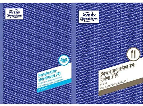 AVERY Zweckform 741 Reisekostenabrechnung (A4, mit 1 Blatt Blaupapier, von Rechtsexperten geprüft, 50 Blatt) weiß & 745 Bewirtungskostenbeleg (A5, mikroperforiert, 50 Blatt) Blau (weiß Blätter)