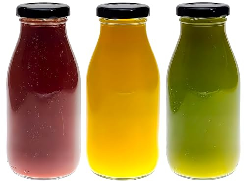 COS 3 X 250ml Glass Milk Bottle with Pretty Black Lids Small Glass Jars for Milk, Fruit Juice, Smoothies