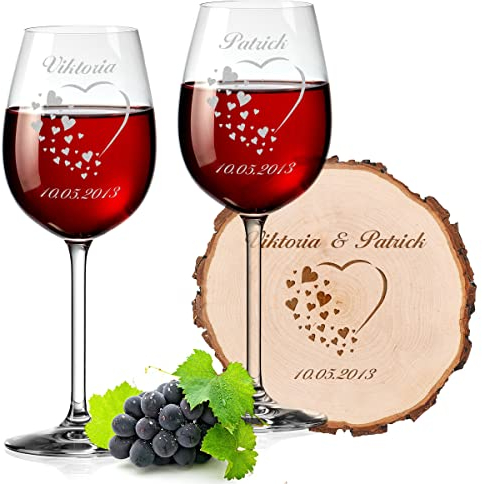 polar-effekt Lot de 3 Verres à vin - 2 Verres à vin Rouge - Verre Cristal - 460 ML - 1 Disque en Bois avec Gravure au Choix - Motif cœur avec Petits cœurs - Personnalisé - Bois d'aulne