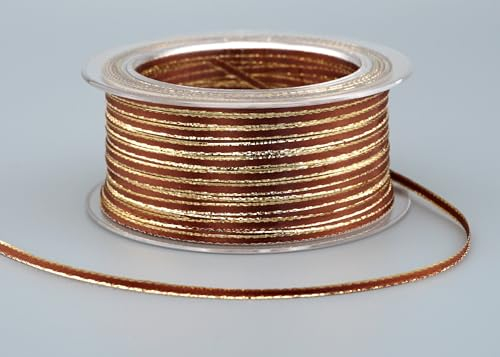 100 m x 3 mm Satinband Dünn mit Goldkanten Braun Gold doppelseitiges Schleifenband aus Satin mit Lurex Glänzend ohne Draht Weihnachten Dekorieren Basteln Weihnachtsdekoration