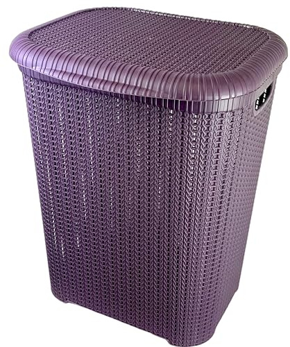 Rattan Design Plastic Laundry Hamper Storage Basket 55L With Lid (Purple)