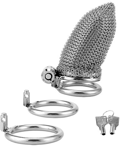 Cock Cage Push-Lock mit 3 Penisrings Metall Mesh Keuschheitskäfig Herren mit Verdecktem Schloss Design BDSM Sklave Sexspielzeug für Männer Keuschheit (Large)