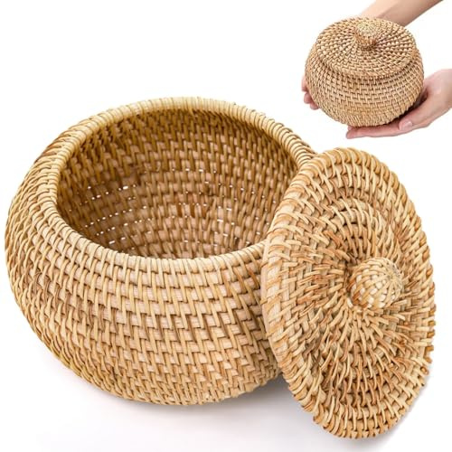 WRINGKIT Small Rattan Basket Box with Lid, Handmade Woven | Round Storage Basket, Multi-purpose Wicker Bowl, Decorative Farmhouse Basket Bin for Shelf, Home, Bathroom, Picnic