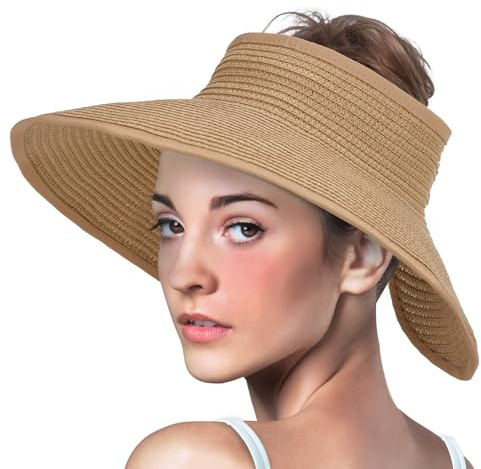 HWSHQY OO Stroh-Sonnenhüte für Damen, Strohhut für Damen, Strandhut mit breiter Krempe, verstaubar, faltbar, verstellbar, Sonnenhut mit Pferdeschwanz-Loch, Khaki, Schwarz, Medium