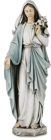 Madonna välsignad Maria-staty: Staty av Madonna Jungfru Maria, elegant heminredning, handmålad, Santa Maria med liljor, renässanssamling.