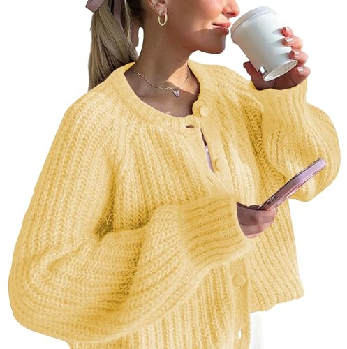 Hixiaohe Cardigan Sweater for Women Long Sleeve Button Y2K Chunky Knit Sweater Fall Casual Open Front Outwear Knitwear Coat(Yellow,S)