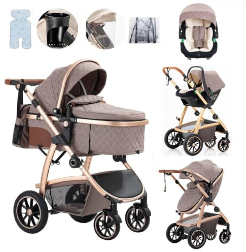 Lnhcrbs Passeggino Trio,Passeggino Leggero è Dotato di Un Maniglione Regolabile in Altezza,Passeggino Reversibile è Dotato Anche di Seggiolino Auto, Zanzariera e Borsa Per La Mamma, Portabicchieri