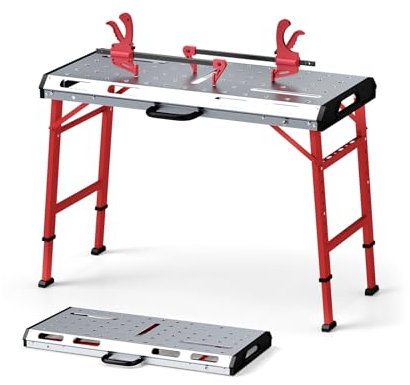 GYMAX Tavolo da Lavoro Pieghevole, Stazione di Lavoro Pesante con Capacità di 450 KG, 2 Morse Incluse, Manico di Trasporto, Banco da Lavoro Regolabile in Altezza per Officina e Garage