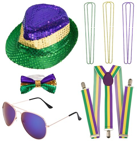 Peirich 10PCS Mardi Gras Kostüm Zubehör Set, Fedora Pailletten Party Bevorzugung beinhaltet Mardi Gras Fedora Hut Mardi Gras Halskette Perlen für Männer Frauen