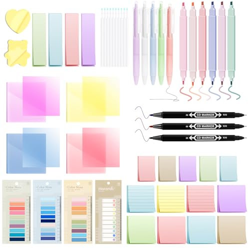 YIBONIKA 2900 Haftnotizen + 24 Schreibgeräte Set (6 Textmarker Pastell, 5 Gelstift 10 Ersatzkern, 3 Ölbasierter Marker) Sticky Notes Selbstklebend Set für Lesezeichen,Studieren,Büro,Schulplaner Memo