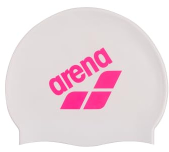 Arena Unisex stor logotyp silikon badmössa för kvinnor och män fitness simmare intensiv träning hållbar mjuk elastisk badmössa, vit/chockerande rosa