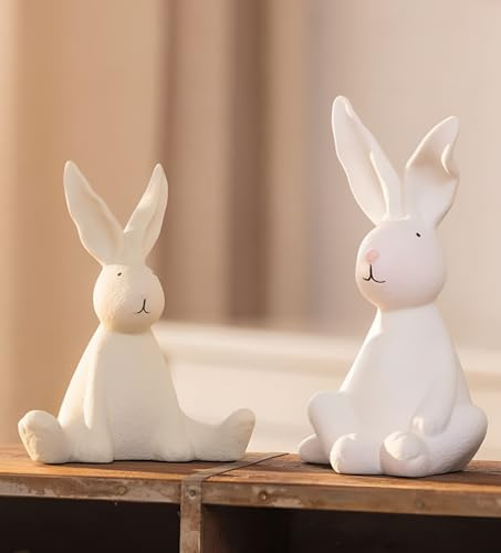 Dekoleidenschaft 2X Dekofigur Häschen aus Porzellan in beige und weiß, Hase 15 + 19 cm hoch, Osterfigur, Osterhase, Osterdeko
