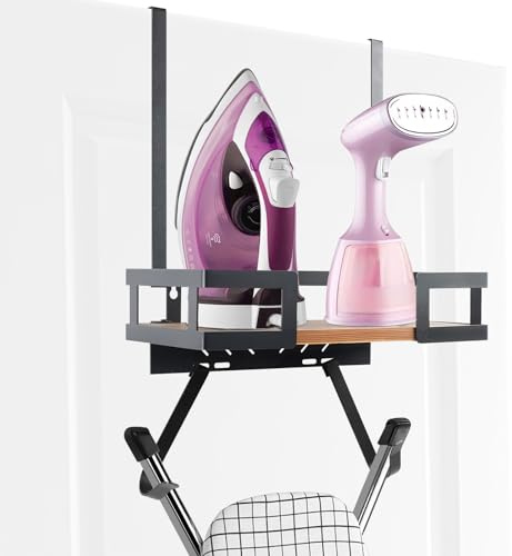 YedZen Ironing Board Holder, 2-in-1 Wall Mount/Over Door Ironing Board Hanger with 2 Card Slot, Large Storage Basket, Removable Strong Hook＆Wooden Base for T-Leg & V-Leg
