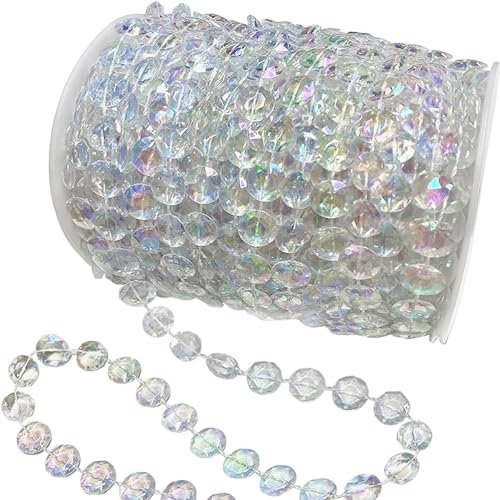 99ft Crystal Beads Garland Strand, Iridescent Clear Acrylic Diamond Beads String Roll for Crafts, Beaded Curtains, Wedding Party Decorations, Plastic Crystal Garland for Christmas Tree Ornaments