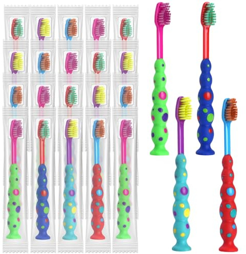 Akulgaci 100 Pack Kids Toothbrush Soft bristles Toddler Lovely Toothbrush with Suction Cup Bulk, Includes Travel Covers, Individually Wrapped Toothbrushes for Kid Home School Daycare Camp (Candy)