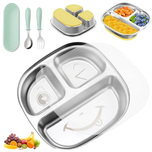ChenboowPlato Ventosa para Bebé, Platos Divididos, Acero Inoxidable, Bandeja de Alimentos Divididos con Cuchara y Tenedor