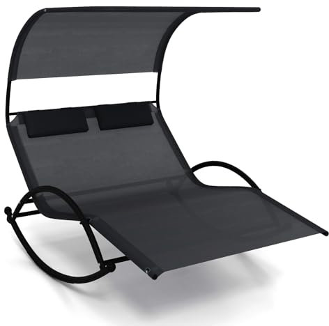 COSTWAY Lettino Prendisole a 2 Posti, Lettino in Tessuto Textilene, con 2 Poggiatesta Staccabili, Sedia a Dondolo da Giardino con Struttura Metallica, Lettino con Tettuccio Portata 300 kg (Nero)