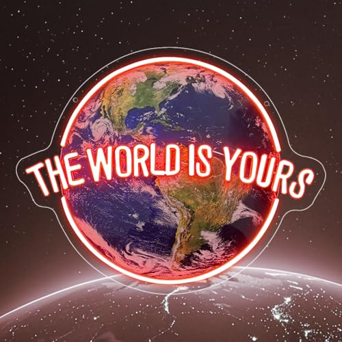 RuCvixkt The World is Yours Neon Schild Led Lichtschild für Wanddekoration, UV gedruckt Acryl Cool Planet Design für Jungen Mädchen Schlafzimmer, Spielzimmer, Mann Höhle, Bar Bistro Club, Geburtstagsg