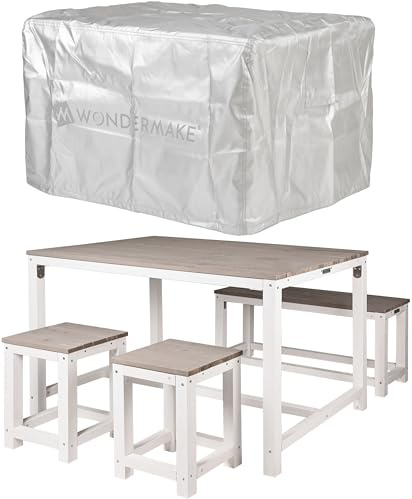 WONDERMAKE® Design Sitzgruppe aus Holz mit Abdeckung 4 Personen, wetterfest & platzsparend, Outdoor Garten Balkon, 4-teilig: Tisch Sitzbank Hocker, Essgruppe Möbel-Set Essgarnitur draußen, weiß grau