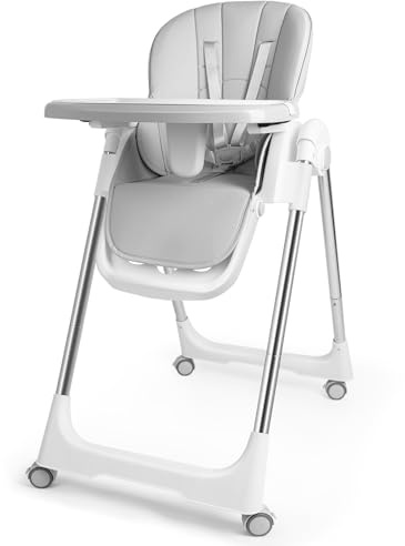 Aufun Kinderhochstuhl Verstehllbar und Klappbar, Höhenverstellbarer Baby Essstuhl mit Liegefunktion, Baby Hochstuhl mit wachsend und Sicherheitsgurt 6 Monaten bis 6 Jahre PU Leder Kissen (Grau)
