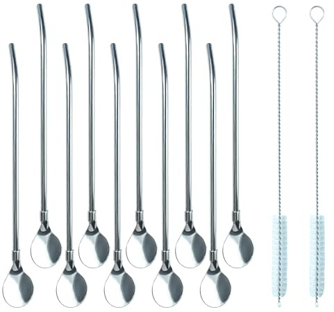 BMZXCH 10 Pièces Paille Cuillere A Granité, Pailles CuillèRe En Acier Inoxydable, 2 en 1 Cuillère à Paille Réutilisable, avec 2 Paille Brosse de Nettoyage, pour Cocktails, Shakes, Café, Smoothies