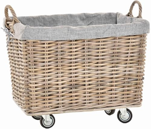 Stabiler Kaminholzkorb Flechtkorb mit Inlett Roll Holzkorb Rollkorb Natur-Rattan (Natur-Grau mit Rollen)