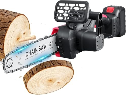 Teodute 12 Inch Mini Chainsaw Cordless, 4500RPM Handheld Electric Chainsaw with 3000mAh Battery and 2 Chains with Automatic Oiler and Chain Tension, Brushless Motor Electric Saws to Cut Wood