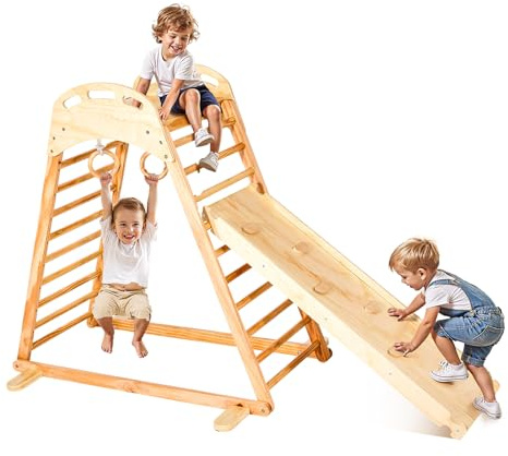VEVOR Aire de Jeux Intérieure en Bois 4-en-1, avec Planche d’Escalade, Toboggan, Échelle en Bois et Anneaux de Gymnastique, Structure de Jeux pour Enfants, Style Montessori, Charge 100 kg, pour Crèche