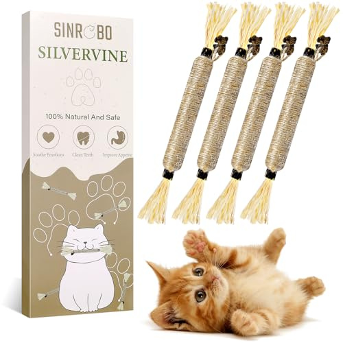 SINROBO 4 Pack Silvervine Sticks for Cats - Cat Chew Toy for Teeth Cleaning, Edible Matatabi Kitty Chew Sticks (4 Sticks)