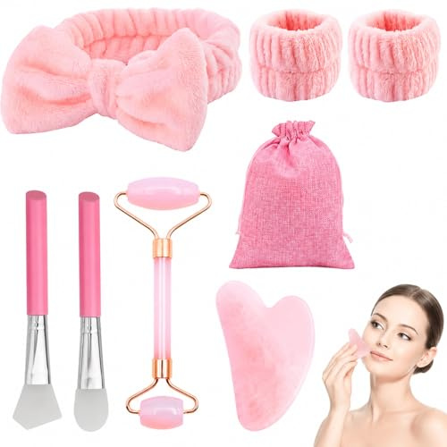 Rouleau Visage Quartz Rose 7 pièces avec Gua Sha, Brosse Masque, Bandeau et Poignets – Outil Massage Peau Anti-âge pour Soin Visage et Corps, Rose