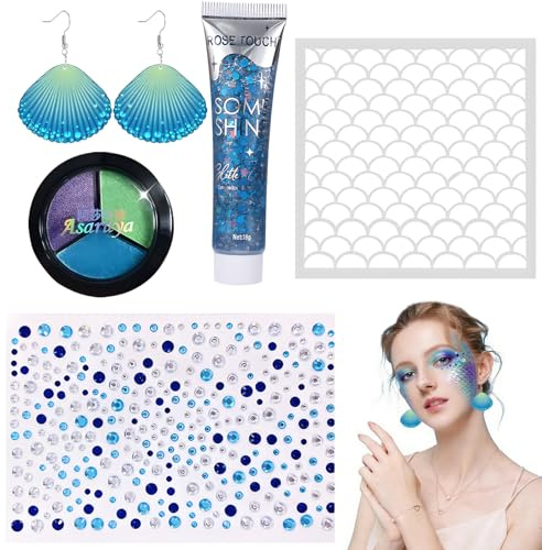 5 Stück Meerjungfrau Schminke, für Halloween Karneval Cosplay | Mit Ohrringe in Muschelform, Face Paint, Schuppen Schablonen, Blau Glitzersteine Gesicht Selbstklebend, Sequins Glitter Gel