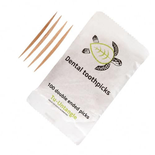 Palillos de Bambú Tu-Untangle 5 x 100 Pack - Palillos de dientes | Ayuda a eliminar restos de comida, suave para encías, cuidado bucal diario, compacto multipack, sin plástico, biodegradables