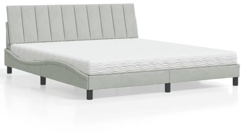 Bucmath Hanko säng med madrass, ljusgrå sammet, 180 x 200 cm, vågformsdesign, komfortskummadrass H2/H3, stabil sängram av furu