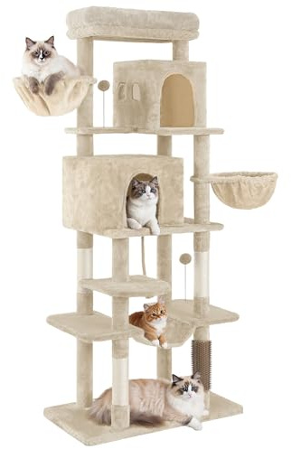 YITAHOME Large Cats Tree Tower, Height 176 cm, XL Cat Tree, Multi-Tier Cat Scratching Post with 2 Caves, 2 Baskets, Hammock, Plush Balls, Cat Brushes, Beige