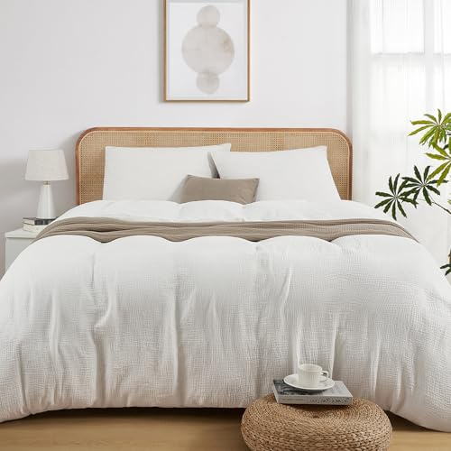Duvetnova Bettwäsche 200x200 Musselin Baumwolle 3 teilig,ÖKO-TEX Bettwäsche 200x200 Weiß,Extra Weich & Atmungsaktiv Bedding & Linen 1 Bettbezug 200x200+2 Kissenbezüge 80x80-alle mit Reißverschluss