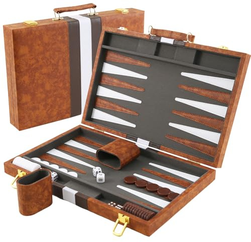 Juego de backgammon para 2 jugadores, maleta de backgammon de 15 pulgadas, juego de estrategia de viaje portátil para adultos y niños (marrón)