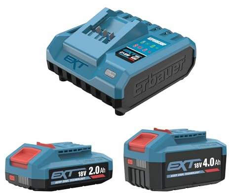 Erbauer Pack Chargeur et 2 Batteries Lithium-ION 2Ah + 4Ah | kit démarrage batterie outil electroportatif, batterie Keep Cool technologie brushless, pack accessoire outil sans fil
