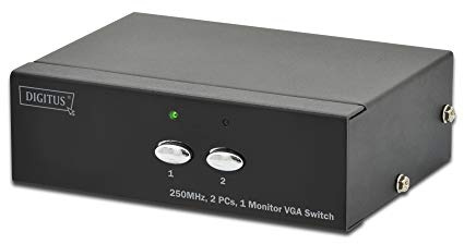Digitus VGA Switch - Periférico de Entrada (2 Puertos, 250MHz, 1 Monitor, 2 PC, 3 VGA, HDSUB15 Hembra máx. 1920 x 1080 píxeles en 60 Hz, Incluye Fuente de alimentación)