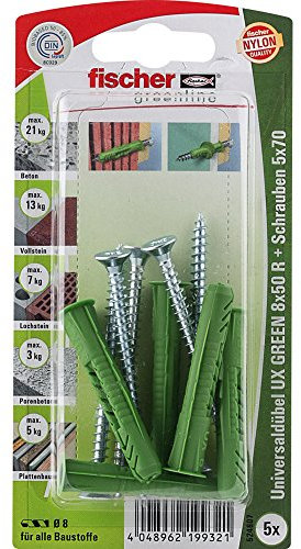 Fischer Universaldübel UX Green 8x50 R S K mit Rand, 5 x Spanplattenschraube 5 x 70, 524807
