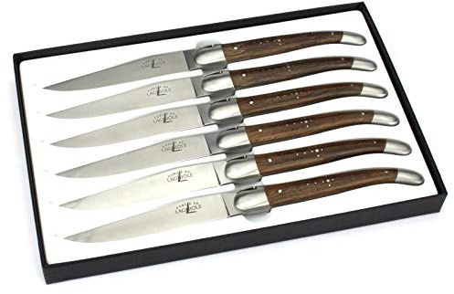 Forge de Laguiole - 6er Set Steakmesser - Griff fossile Mooreiche - Edle Tafel-Messer - Stahl matt satiniert