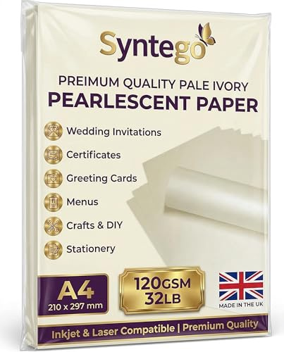 Syntego A4 doppelseitiges quarzo peregrina majestätisches Perlglanzpapier,120 g/m², geeignet für Tintenstrahl- und Laserdrucker 20 Elfenbein | Elfenbeinfarbenes Quarzo-Perlenpapier für Origami, Hochzeitseinladungen, Kartenherstellung und Stanzen