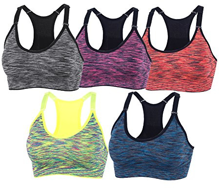 xcylive Women 5 Pack Adjustable Straps and Removable Pads Tank Top Seamless Racerback Sports Bra, 5 Pack(blue+red+green+purple+gray), M