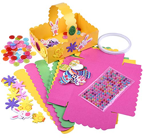 TUPARKA 6 PCS Easter Card Craft Baskets With Easter Sticker Colour Egg Buttons for Children Easter Decoration Craft Egg Filler Supplies