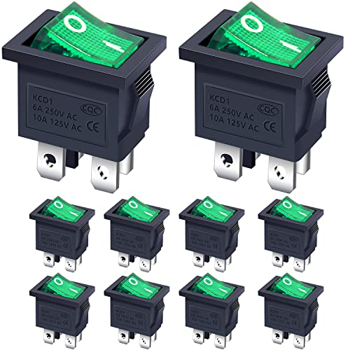 Taiss 10 pezzi interruttore a bilanciere 2 posizioni DPST ON OFF 4 Pin Mini Interruttore a Levetta con verde Luce a LED 10A 220-250VAC Universale,per Auto,Camion,Elettrodomestici KCD1-4-201N-G