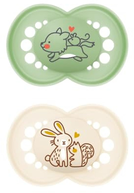 MAM Original Dummy i 2-pack, tandvänlig babynapp gjord av hållbara och organiska förnybara material, napp av MAM SkinSoft silikon, med napplåda, 16+ månader, varg/kanin