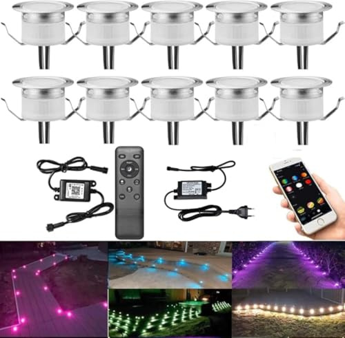 GEYUEYA Home 10er WIFI LED Bodeneinbauleuchten Aussen RGBW Ø31mm IP67 Wasserdicht Terrassenbeleuchtung Kompatibel mit Amazon Alexa,bodeneinbaustrahler aussen led für terrassenüberdachung